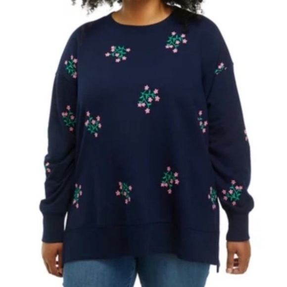 Crown & Ivy Floral Embroidered Crewneck Pullover Sweatshirt Relaxed Boho Sz XXL - Picture 1 of 16